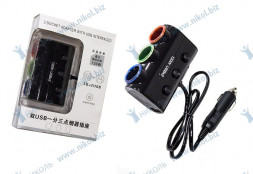 Разветвитель прикуривателя 3 гнезда + 2USB (черный) отдельное выкл.пит. гнезд, индикатор