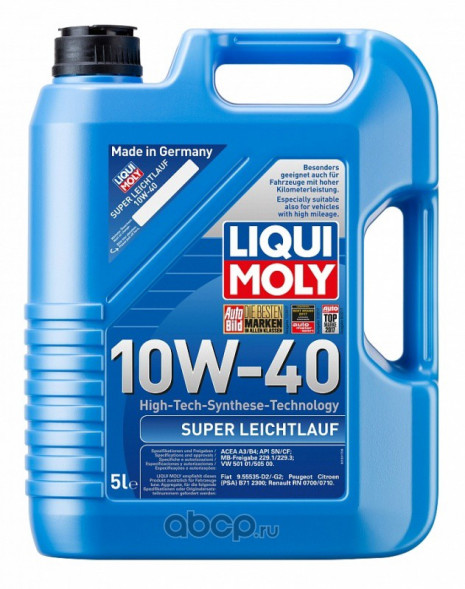 Масло мотор. 10W40 Liqui Moly Super Leichtlauf SN A3/B4 пластик (5 л.) 1*4 шт. (1929)
