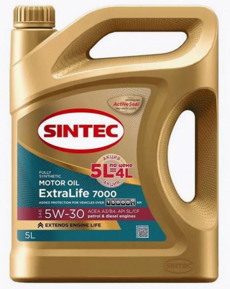 АКЦИЯ 5л по цене 4л Масло мотор. SINTEC EXTRA LIFE 7000 5W30  A3/B4  SL/CF (5л) 1*4шт