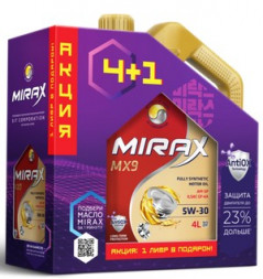 Акция 4+1 Масло моторное MIRAX MX9 5W30 ILSAC GF-6A API SP 4л+1л (1*3шт)