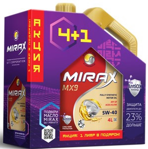 Акция 4+1 Масло моторное MIRAX MX9 5W40 ACEA A3/B4 API SP 4л+1л (1*3шт)