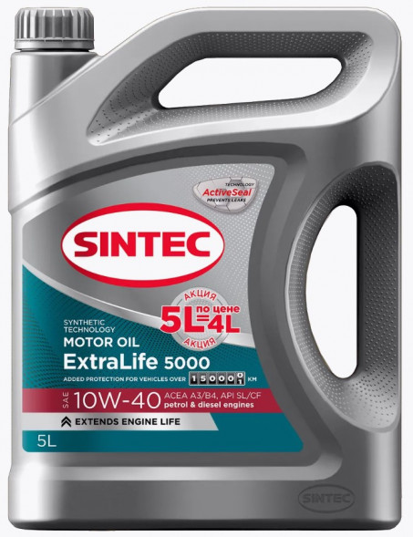 АКЦИЯ 5л по цене 4л Масло мотор. SINTEC EXTRA LIFE 5000 10W40  A3/B4 SL/CF (5л) 1*4шт